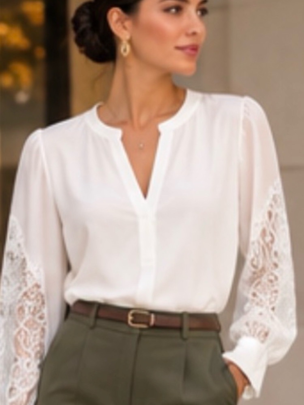 Ann Taylor Ivory Lace-Sleeve Split V-Neck Blouse